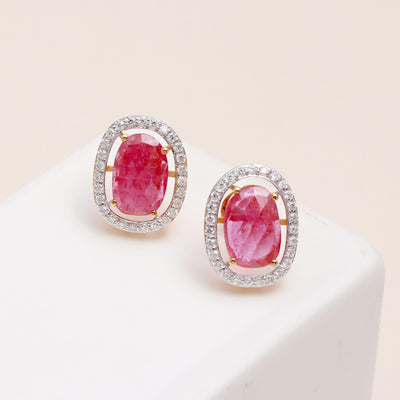 14 Carat Gold Earring Mozambique Ruby With Lab-Grown Diamonds