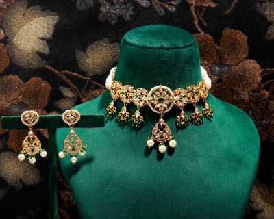 Golden Gleam & Lively Green Motif White Beaded Necklace