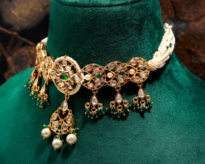 Golden Gleam & Lively Green Motif White Beaded Necklace