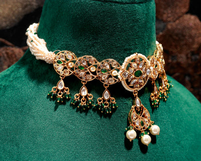 Golden Gleam & Lively Green Motif White Beaded Necklace