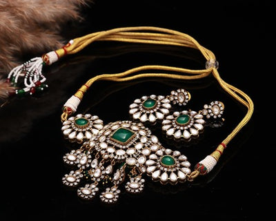 Choker Necklace Set with Intricate Diamond Work & Green Stones