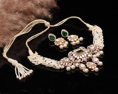 Layered Pearl String Necklace Set with Green Stones