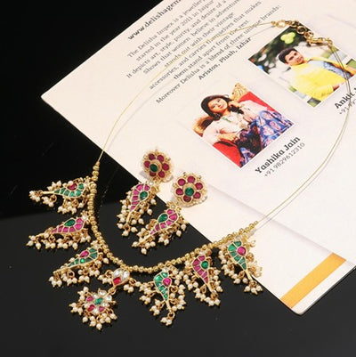 Red & Green Parrot Motif Kundan Necklace with Pearl Hangings